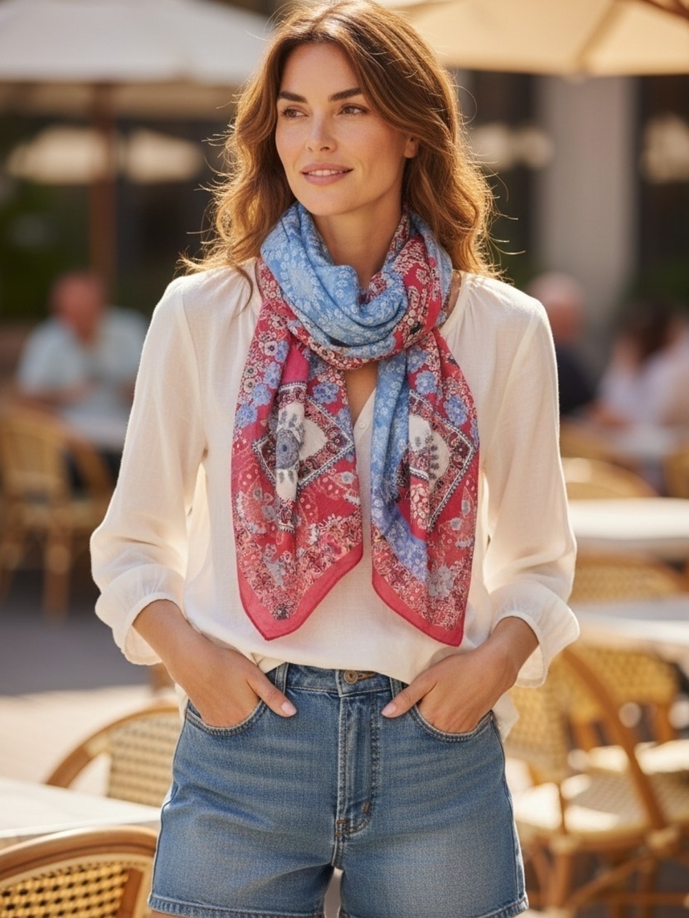 Johnny Was Pink and Light Blue Floral Paisley Wrap Scarf